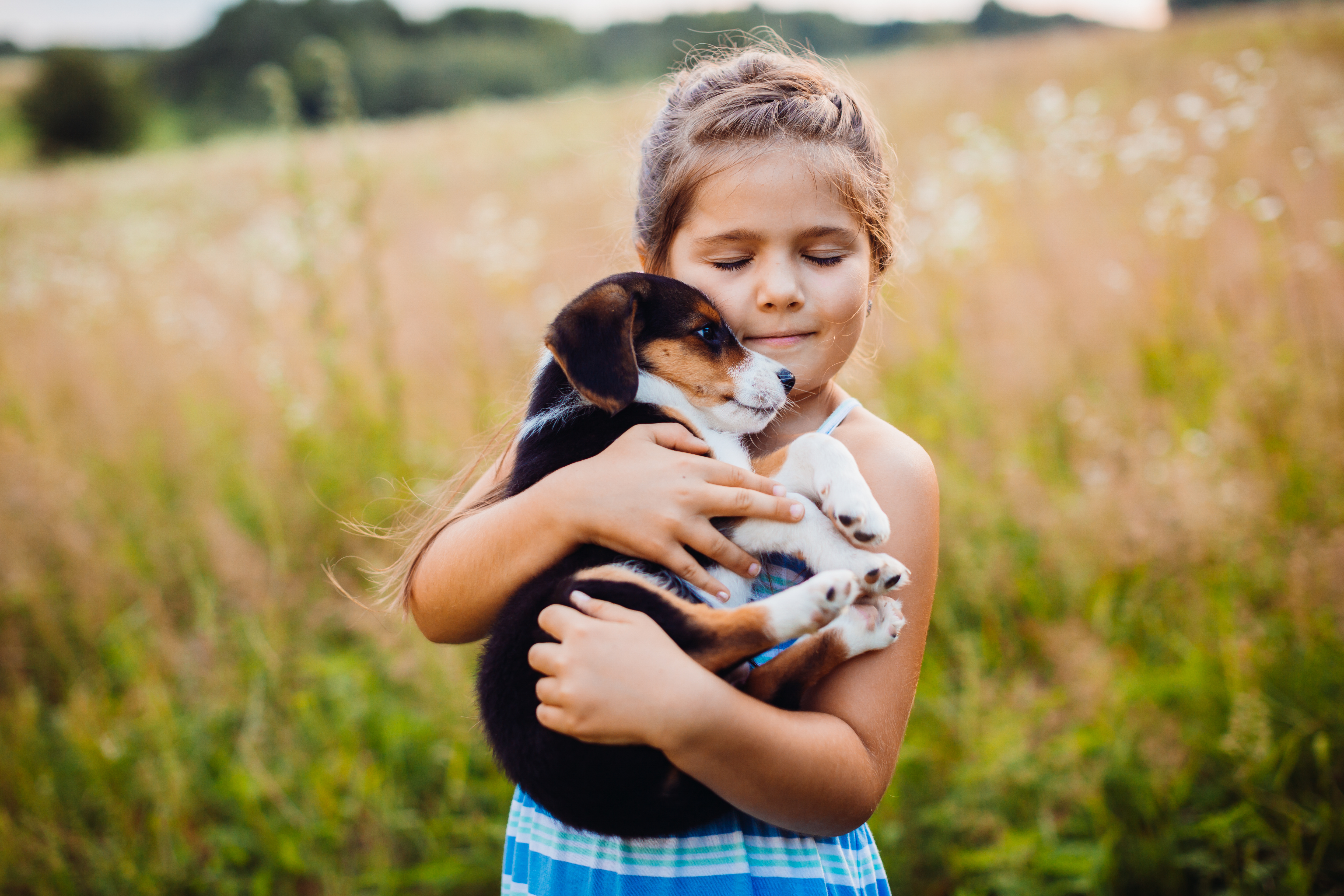 Enfant portant un chien — médiation animale Murmure Animal